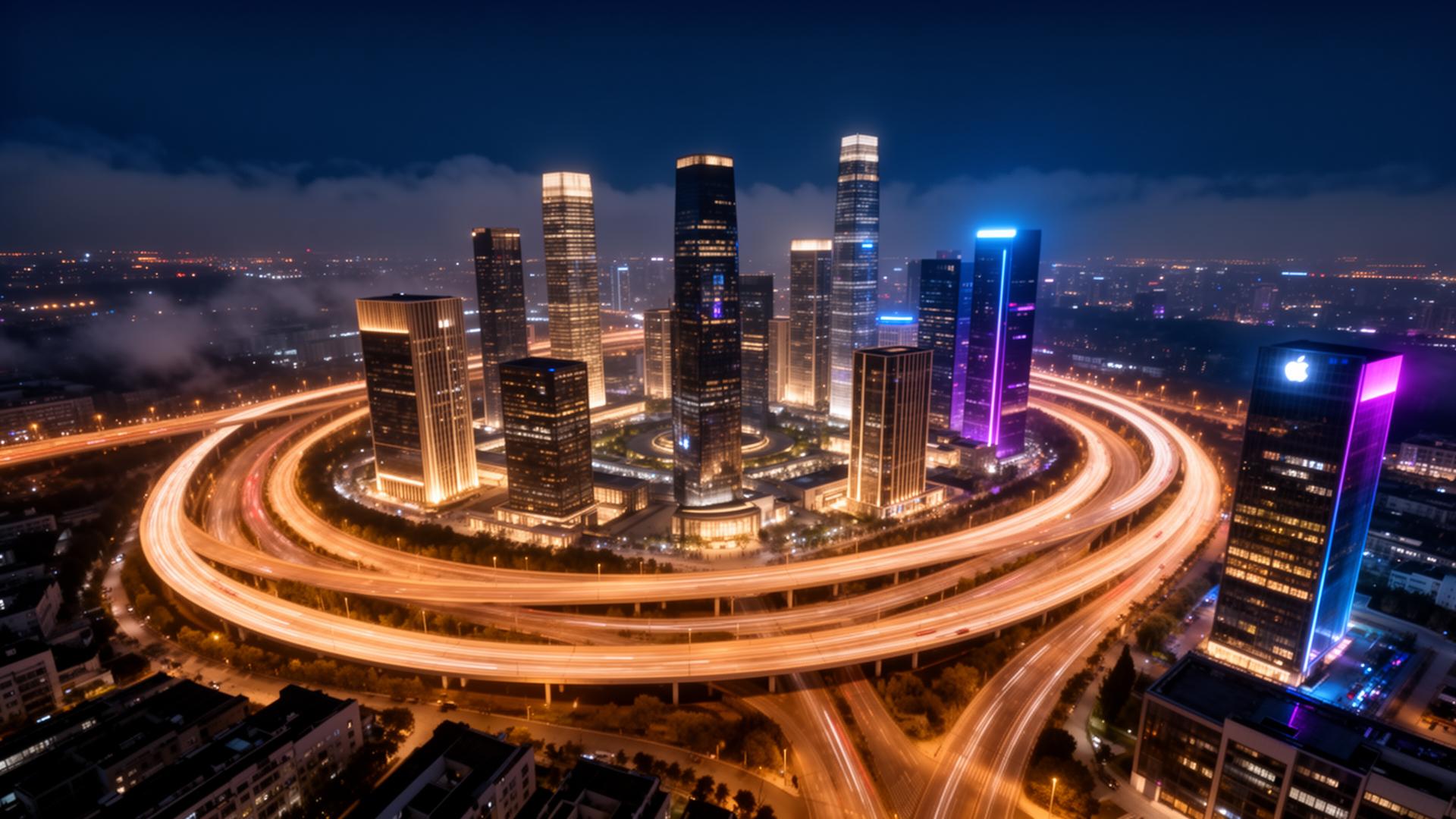 Aerial view of a modern city at dusk